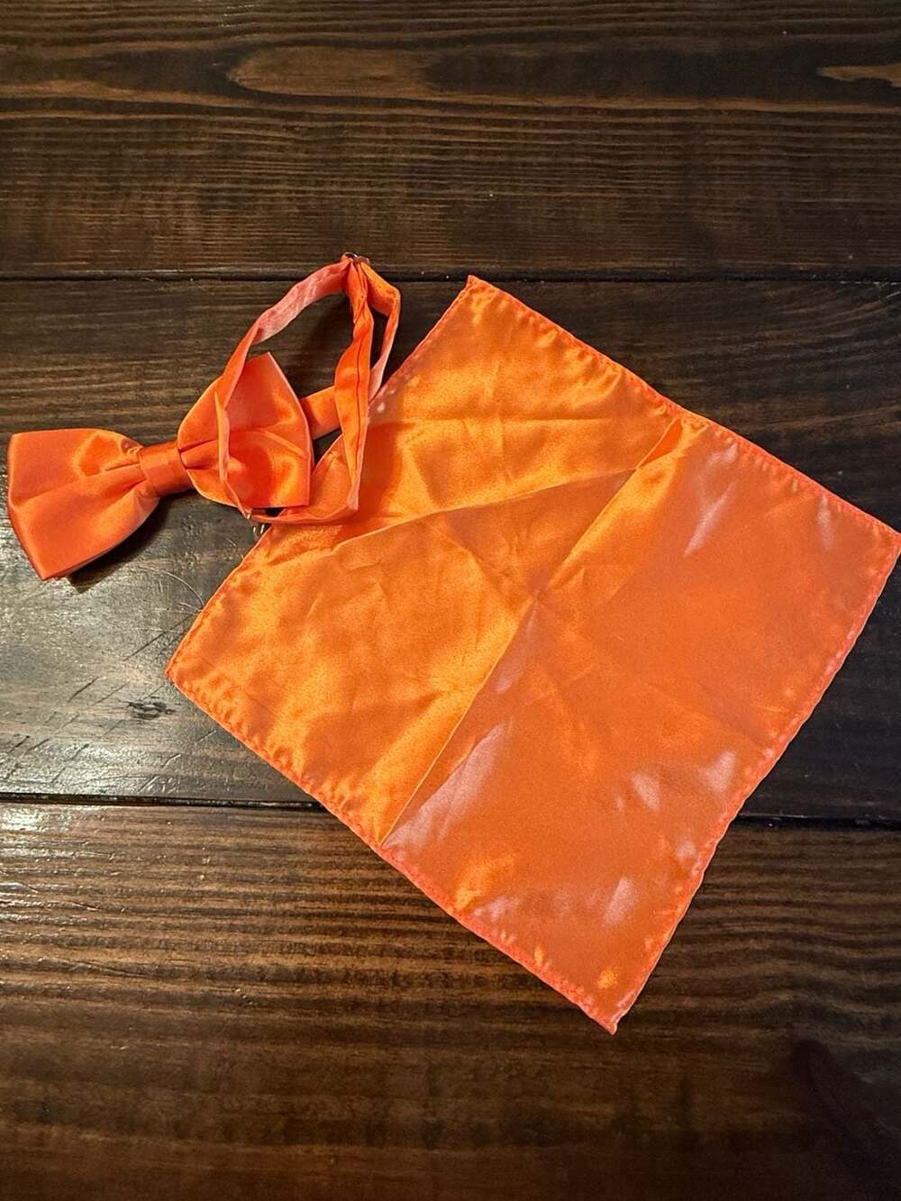Orange Satin Bowtie and Pocket Square Set